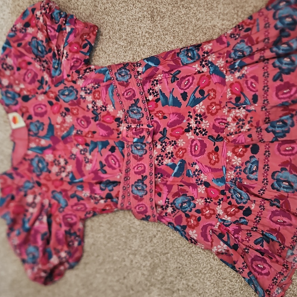 Farm Rio Floral Pink and Blue Dress.  Puff Sleeves Belted.  Worn One Time.  Supe
